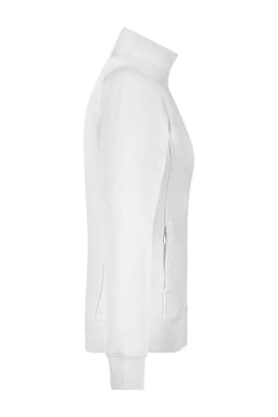 A white ladies' jacket with a high collar and zippered pockets, featuring a logo on the front.