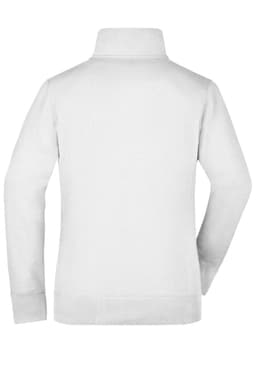 A ladies jacket in white with a high collar and long sleeves, featuring a logo on the back.