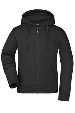 A black ladies hooded jacket with a front zipper and pockets. The design features a hood and long sleeves.