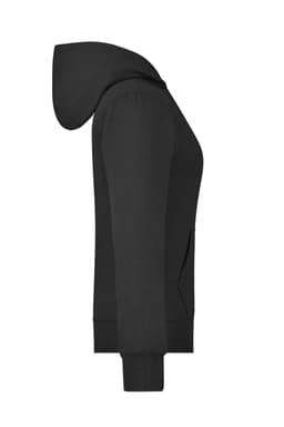 A black ladies hooded jacket featuring a fitted design and ribbed cuffs. Includes a logo on the garment.