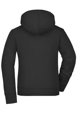 A black ladies hooded jacket featuring a kangaroo pocket and an attached hood at the back. It has a logo.