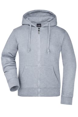 A grey ladies' hooded jacket with a zip front, long sleeves, and a pouch pocket. Includes a logo on the chest.