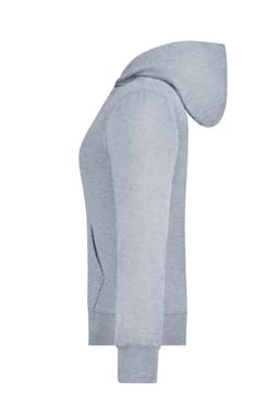A grey ladies hooded jacket featuring a zip front and a hood. It has a logo on the sleeve.