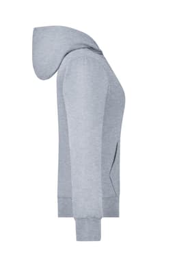 A grey ladies hooded jacket with a front pocket and ribbed cuffs. It has a logo on the fabric.