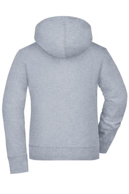 A grey ladies hooded jacket with a relaxed fit, featuring a hood and long sleeves. It has a branded logo.