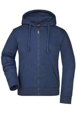 A blue ladies hooded jacket with a zip front and a logo. Features front pockets and long sleeves.