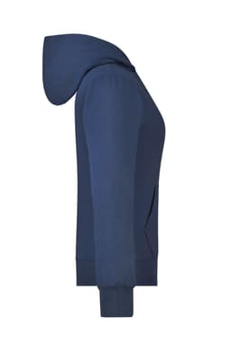A navy ladies hooded jacket features a full zip, ribbed cuffs, and a hood. It has a logo and side pockets.