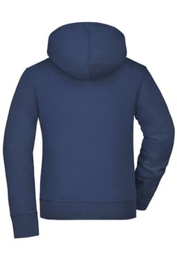 A navy ladies hooded jacket featuring a back view with a hood and ribbed cuffs. It has a subtle logo.