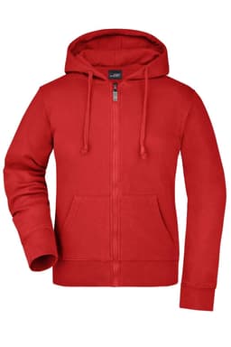 A red ladies hooded jacket with a front zipper and kangaroo pockets, featuring a logo on the chest.