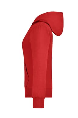 A red ladies hooded jacket featuring side pockets and a logo. The design includes a full hood and ribbed cuffs.