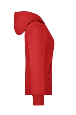 A red ladies hooded jacket with a zip and pockets, featuring a hood and a fitted design.