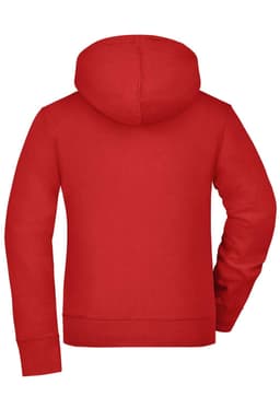 A red ladies' hooded jacket featuring a kangaroo pocket and a hood at the back. It has a logo on the sleeve.