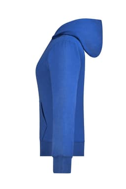 A blue ladies hooded jacket in profile view, featuring a hood and ribbed cuffs with a logo present.