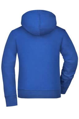 A blue ladies hooded jacket with a full back design and a single hood. Features ribbed cuffs and hem.