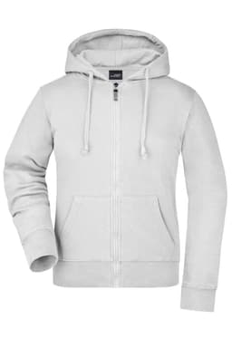 A white ladies' hooded jacket with a zip front and drawstrings, featuring a logo on the chest.