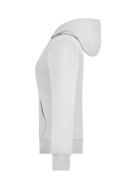 A grey ladies hooded jacket with a front pocket and ribbed cuffs, featuring a hood and a minimalist design.