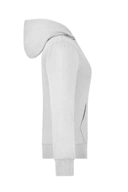 A grey ladies hooded jacket featuring a front zip and pockets, with a logo on the garment.