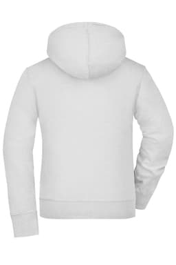 A white ladies hooded jacket with a back view, featuring a logo on the upper section. Smooth fabric texture visible.
