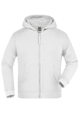 A white hooded jacket with a zip front and pockets, featuring a logo on the left side.