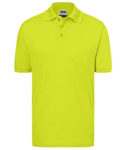 A bright yellow polo shirt with a classic design and a collar, featuring a logo on the chest area.