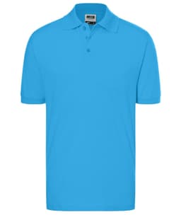 A bright blue classic polo shirt with a collar and buttons, featuring a branding logo.