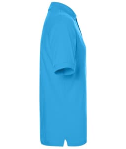 A side view of a bright blue polo shirt, featuring a collar and short sleeves, with a logo on the chest.