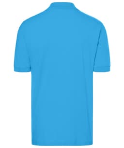 A blue polo shirt featuring a collar and short sleeves, displaying a branding logo.