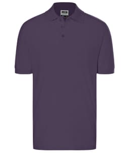 A purple polo shirt with a collar and short sleeves, featuring a logo on the chest area.