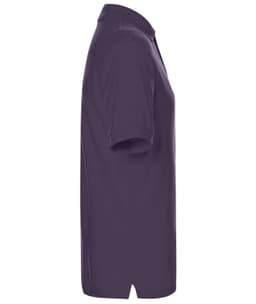 A purple polo shirt displayed from the side, featuring a collar and short sleeves. It has a branding logo.