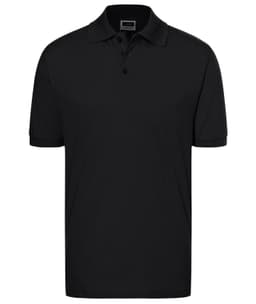 A black polo shirt featuring a collar and buttons, with a brand logo on the label.