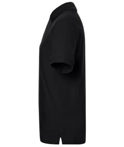 A black polo shirt displayed from the side with a classic design and logo on the chest.