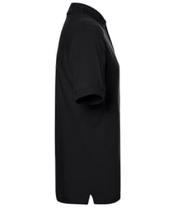 A black classic polo shirt, featuring a collar and short sleeves, displayed from the side with a logo.