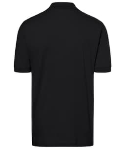 A black polo shirt with a classic design, featuring a collar and short sleeves, and a logo on the back.