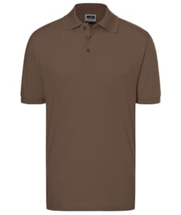 A brown polo shirt featuring a collared neckline and short sleeves, with branding on the label.