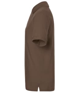A brown polo shirt with a classic design, featuring short sleeves and a collar. The shirt has a logo on it.