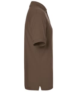 A brown polo shirt featuring a classic style with a collar and short sleeves, including a logo on the chest.