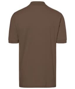 A classic brown polo shirt with a short sleeve design and a collar, featuring a logo on the front.