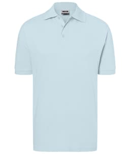 A light blue polo shirt with a collar and a logo on the chest. Short sleeves and a classic fit.