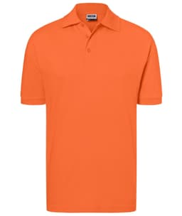 An orange polo shirt with a collar and short sleeves, featuring a logo on the chest.