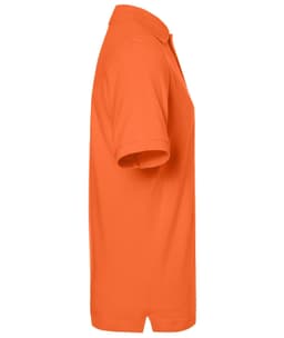 An orange polo shirt displayed from the side, featuring a collar and short sleeves. The shirt has a logo on it.