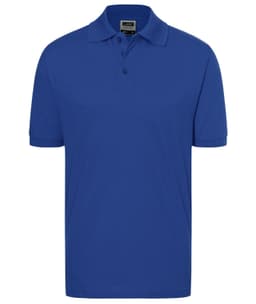 A blue polo shirt featuring a collar and three-button placket, with a brand logo on the label.