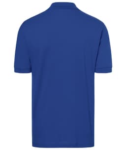 A blue polo shirt with a collar and short sleeves, featuring a logo on the back.