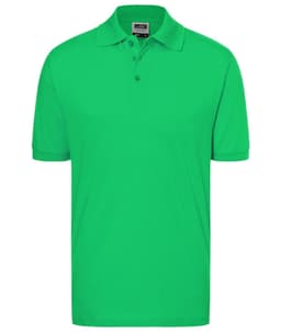 A short-sleeved polo shirt in bright green, featuring a collar and three buttons, with a logo on the chest.