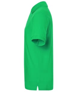 A green polo shirt displayed from the side, featuring short sleeves and a collar. It has a logo on it.