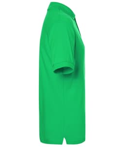 A green polo shirt displayed from the side, featuring a collar and short sleeves, with a logo present.