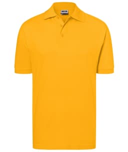A bright yellow polo shirt with a classic collar and short sleeves. It features a logo on the chest.