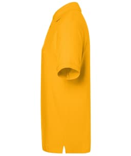 A classic yellow polo shirt with short sleeves, featuring a collar and a logo on the front.