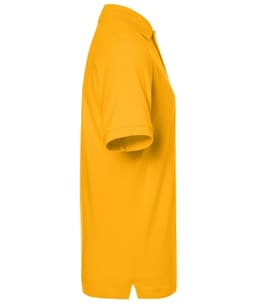 A side view of a bright yellow classic polo shirt featuring a collar and short sleeves. It has a logo.
