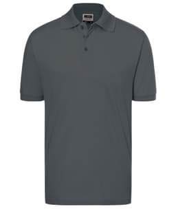 A classic polo shirt in a dark grey colour, featuring a collared neck and a logo on the chest.
