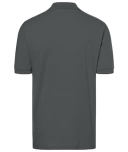 A grey classic polo shirt displayed from the back, featuring a collar and short sleeves. It has a logo.